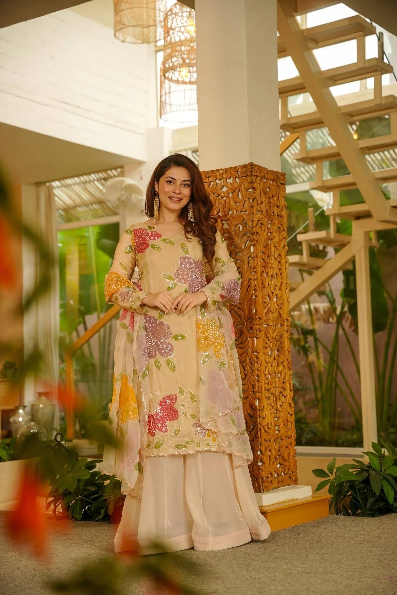 Urban Cream Pastel-Embroidered Sharara Set